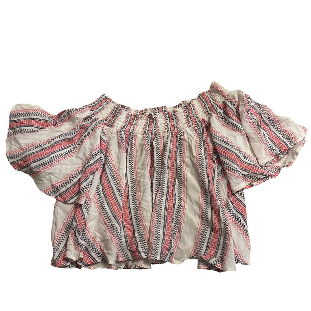 Ocean Drive Tan and Red Smocked Crop Blouse